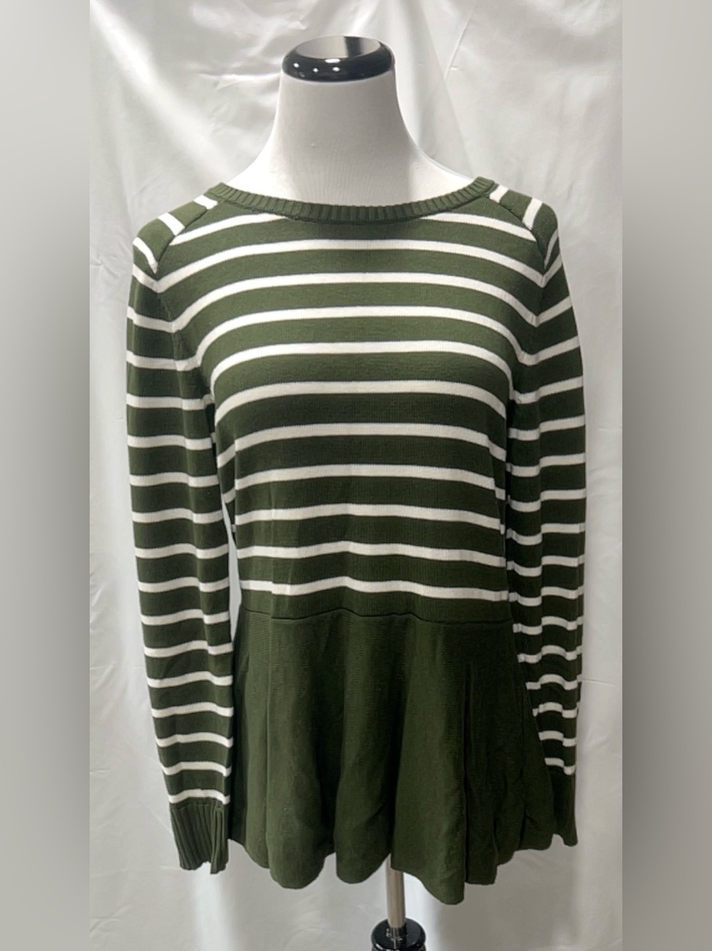 AnyBody Green White Striped Peplum Long Sleeve Knit Sweater Top Womens Medium